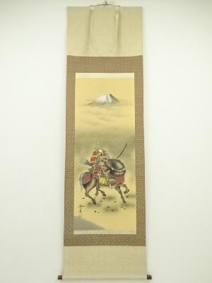 朝美筆　武者之図　肉筆絹本掛軸（共箱）